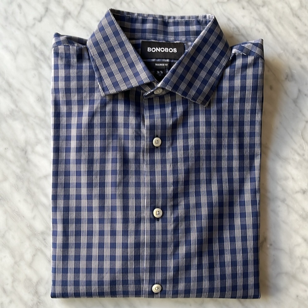Bonobos Jetsetter Stretch Dress Shirt in Navy Ross Plaid 16.5” x 33”